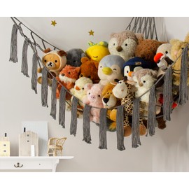 Stuffed Animal Hammock Corner Storage with LED Light - Toy Hammock Large Plushie Net - Stuffed Animal Holder Hanging Organizer - Teddy Bear Hammocks Room Decorations Preppy Toddler Kids Room Decor