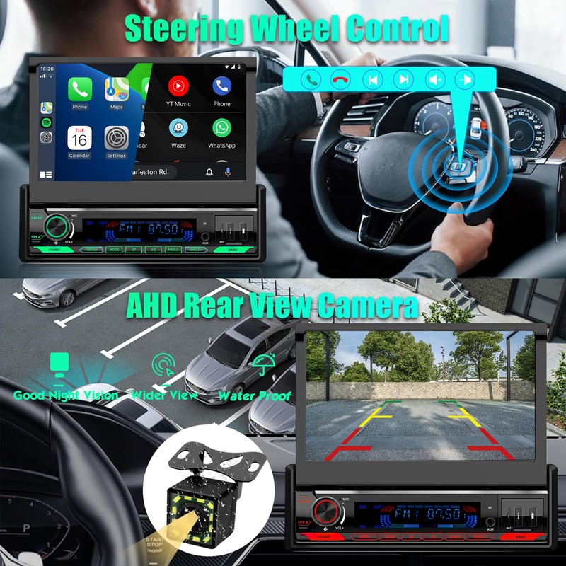 (2025 Motorized) Single Din Apple Carplay Car Stereo with Android