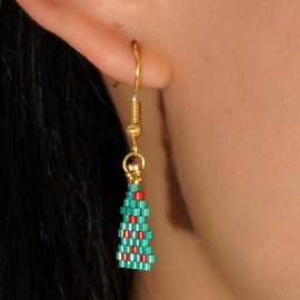 SHINUS BOHO Fun Christmas Tree Beaded Earrings for Women Glass Beads Green Gold Ear Hooks and Long Tassel Dangle Drop Custom Prom Party Jewelry Accessories Gifts