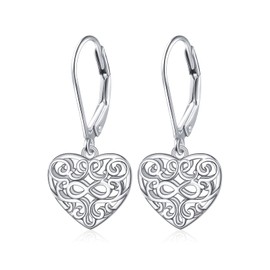 925 Sterling Silver Good Luck Filigree Irish Celtic Knot Dangle Drop Stud Love Heart Ball Leverback Earrings Birthday Jewelry for Women, Sterling Silver, Cubic Zirconia