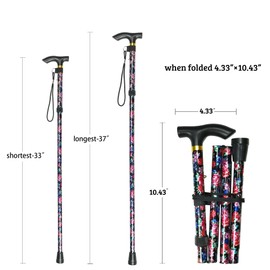 CLOKTA Folding Cane, 5-Level Adjustable Height Lightweight Portable Foldable Walking Canes with Wrist Strap and T Handle for Men Women Seniors (Peony Flowers)