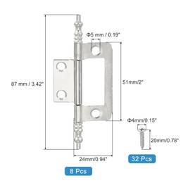 MECCANIXITY Non-Mortise Door Hinges, 2" x 1" Non Mortise Bifold Butt Door Hinges Heavy Duty Steel Flush Cabinet Hinges with M4 Screws for Bathroom Windows Cupboard Silver Pack of 8