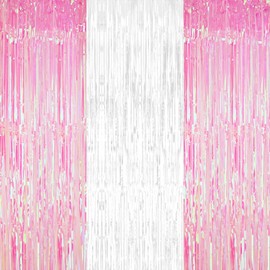 KatchOn, Xtralarge White and Pink Backdrop - 3.2x8 Feet, Pack of 3 | White and Pink Fringe Backdrop for White Pink Birthday Decorations | Bridal Shower Decorations | Bachelorette Party Decorations
