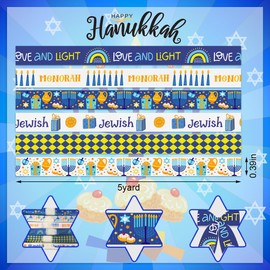 6 cintas de grogrén de Hanukkah de 3/8 pulgadas de Janucá azul blanco, cintas de decoración de 5 yardas, palabras de la estrella de David Menorah cintas de manualidades para fiestas judías de Janucá, Hanukkah, regalo de día festivo, suministros de bricol
