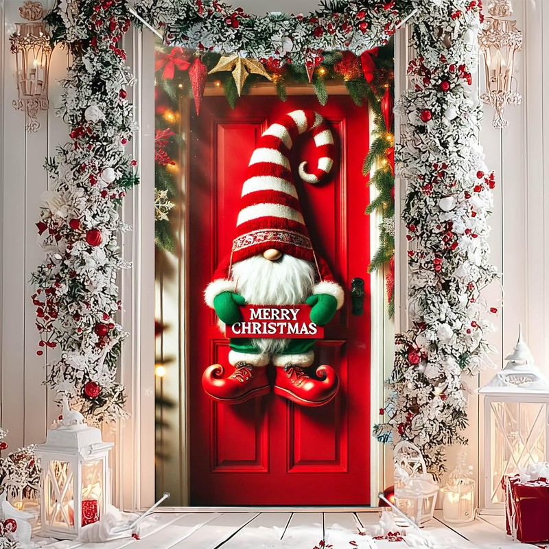 Christmas Door Cover Gnome Stripes 35x71 Inch Polyester