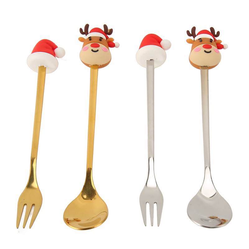 4Pcs Christmas Spoons and Forks Set Stainless Steel Cartoon Funny