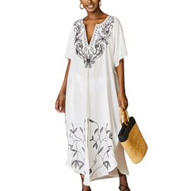 L-Peach Women Embroidery Kaftan Maxi Beach Dress Loungewear Homewear Oversized Cover Ups Robes