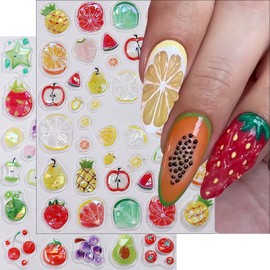 QEYRIYI Fruit Nail Art Stickers Decals 5D Embossed Self-Adhesive Orange Lemon Pineapple Pear Grape Apple Strawberry Cherry Nail Stickers Summer Nail Decals for Women DIY Manicure Decorations 2 Sheets