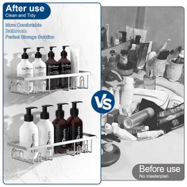 Getsrichfc 2025 New Adhesive Shower Caddy, Shower Shelves with 16 Hooks, Silvery 2 Pack