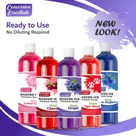 Concession Essentials – Ultimate Snow Cone Kit – Includes 5 Premium 16oz Syrups (Cherry, Blue Raspberry, Grape, Cotton Candy & Tiger Blood), 50ct Neon Spoon Straws & 50ct 6oz Snow Cone Cups