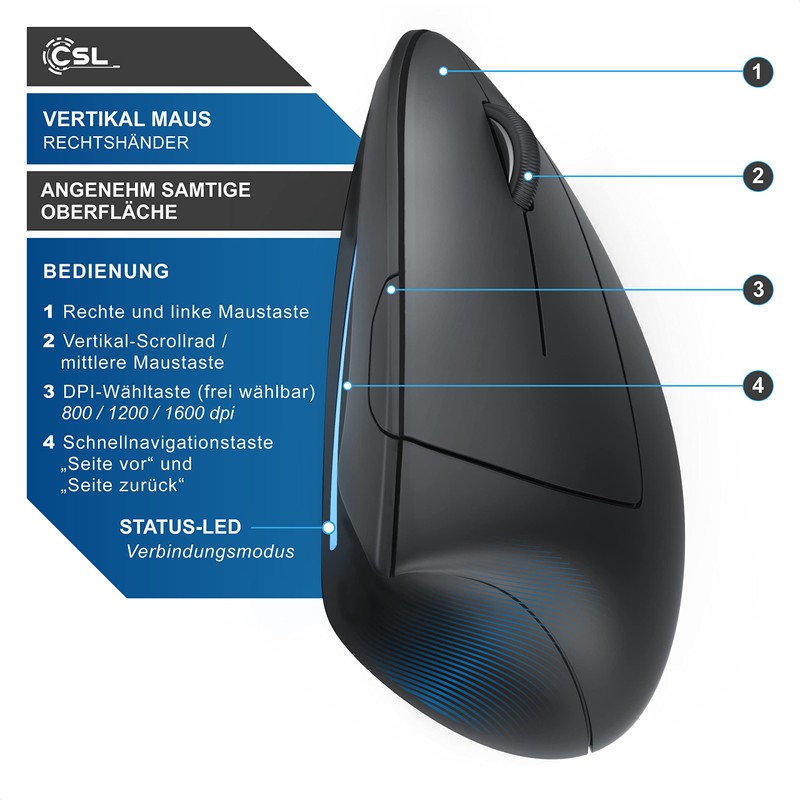 CSL – Wireless Vertikal Maus Bluetooth – kabellose Vertikalmaus Ergonomisches