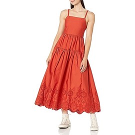 Moon River Women's Tiered Shirred Back tie Cut-Out Eyelet midi Dress, Brick, Medium