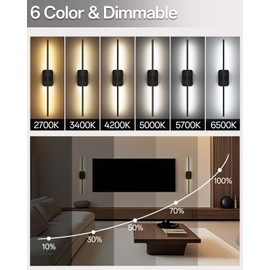 6CCT Battery Operated Wall Sconces Set of 2, 16000mAh Rechargeable Wall Lamp, Dimmable Detachable Wall Scone with Remote Control for Living Room Bedroom Hallway Indoor, 360°Rotation, 30 Inch, Black