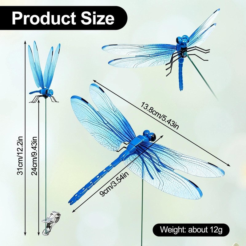 12 Pack Realistic 3D Dragonfly Clips, Fake Dragonflies for Garden