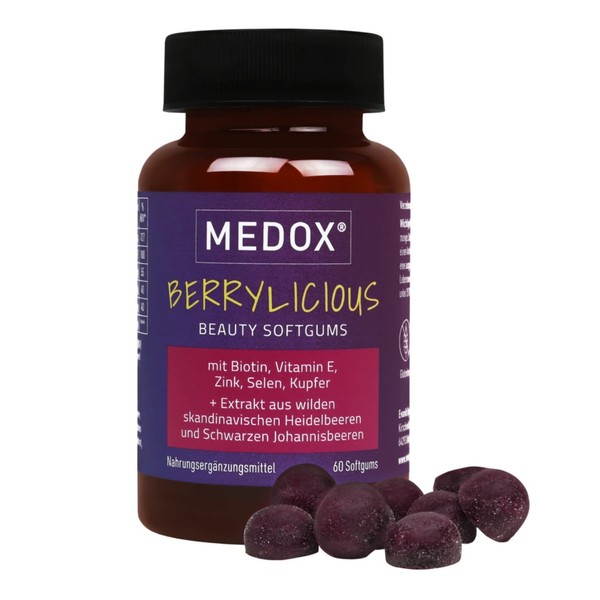 MEDOX Berrylicious Beauty Softgums Biotin, Vitamin E, Zinc, Selenium, Copper, Berry Extract for Skin, Hair, Nails, Pack of 60