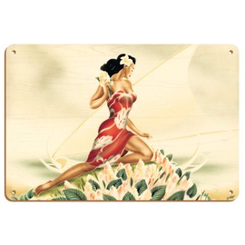 Woman (Wahine) in Red - Hawaiian Woman and Outrigger Canoe (Wa’a) - Vintage Hawaiian Airbrush Art by Gill c.1930s - 8in x 12in Vintage Wood Art Sign