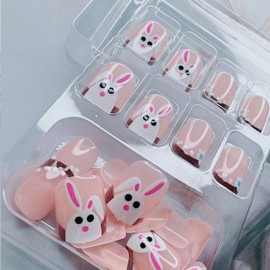 Easter Press on Nails Short Square Fake Nails with Cute Folded-ear Rabbit Polka Dot White Flower Design French False Nails Glossy Nude Artificial Nails Cute Bunny Nail Tips Glue on Nails for Women