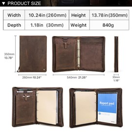 Hiram Leather Portfolio A4 Zipper Multi-Function Business Leather Portfolio Folder with A4 Sketch Book Pocket, 11 Inch Tablet Pocket and 4 Ring Binder Paper