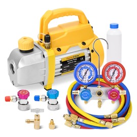 FavorCOOL AC Gauges and Vacuum Pump Kit, 3 cfm 1/4 HP HVAC Vacuum Pump and AC Manifold Gauge Set for R410a R134a R22 Refrigerants, with 4FT Hoses Adjustable Couplers Adapter and Can Tap