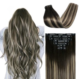 FUOTONBUTY Clip in Hair Real Human Hair Double Stitched 7pcs, Medium Brown to Honey Blonde Human Hair Clip in Extension, Seamless Clip in Hair Extensions 90g, Invisible Clip in Hair Extensions 14 Inch