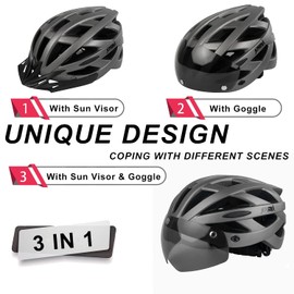 Bike Helmet for Men Women Bicycle Helmet with Removable Visor & Magnetic Goggles Adjustable Size Safety Breathable Mountain & Road Bicycle Helmets Adult Cycling Helmets with Taillight (Titanium)