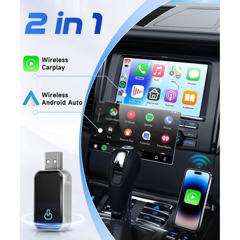 2025 Wireless Android Car & Carplay Wireless Adapter, 2-in-1 Stick