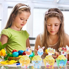 48 piezas de adornos y envoltorios para cupcakes de Pascua, decoraciones de fiesta de Pascua, coloridos forros para cupcakes, conejitos, huevos de Pascua, decoración de pasteles para niños, fiesta de cumpleaños, suministros de fiesta de Pascua