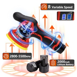 ROADGIVE Cordless Car Buffer Polisher with 2PCS 2.0Ah Battery, (5 Inch/6 Inch)8 Variable Speed Portable Buffer Polisher Kit, Extra 18PCS Attachments for Car Detailing/Polishing/Waxing