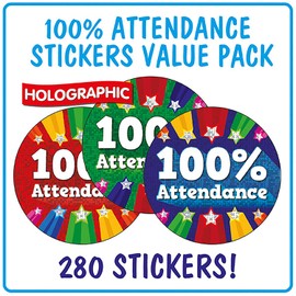 280 100% Attendance Motivational Childrens Pupils School Teachers Praise Reward Stickers Value Pack 37mm Primary Teaching Services