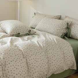LifeTB Vintage Floral Duvet Cover Set Queen 100% Cotton Green Floral Botanical Duvet Cover Aesthetic Flower Bedding Set Lightweight Soft Cottagecore Comforter Cover with 2 Bowknot Pillowcases