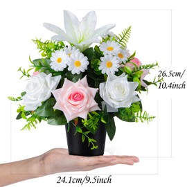 Artificial Grave Flowers in Pots, Artificial Rose Lily Daisy Memorial Flowers with Pot for Cemetery Funeral Outdoor Graveside Decoration (1piece, White & Pink)