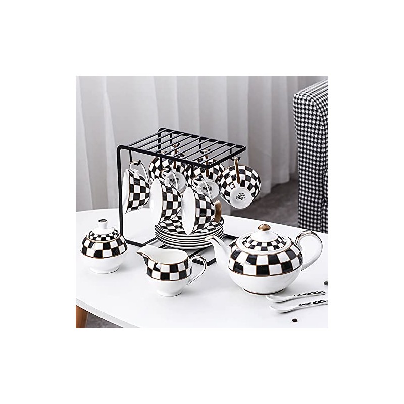 Porlien Checker Pattern 17-Piece Tea Set for 6 with Teapot,