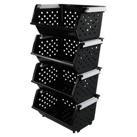 Wekioger 4 Pack Plastic Stackable Storage Baskets, Large Stacking Organizer Bins, Black