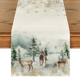 Artoid Mode Watercolor Deer Trees Snowflakes Christmas Table Runner, Seasonal Winter Xmas Holiday Kitchen Dining Table Decoration for Home Party Decor 13 x 60 Inch