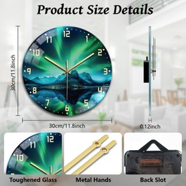 peacoblue Wall Clocks Battery Operated Aurora and Landscape 12 Inch Glass Wall Clock Non Ticking for Kitchen Living Room Dining Room Bedroom and Bathroom Decor Accessories (Battery not Included)
