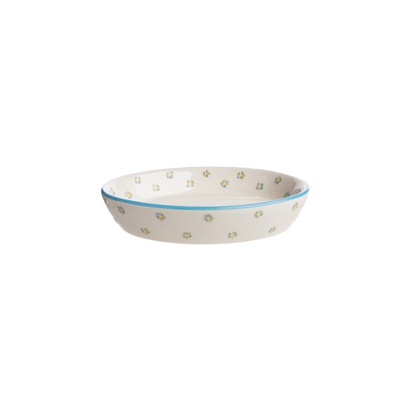 Large Oval Ceramic Soap Dish with Floral Prints, Blue Rim,