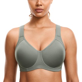 SYROKAN High Impact Sports Bras for Women Support Underwire Cross Back Large Bust Cool Comfort Molded Cup Grey Sage 34E