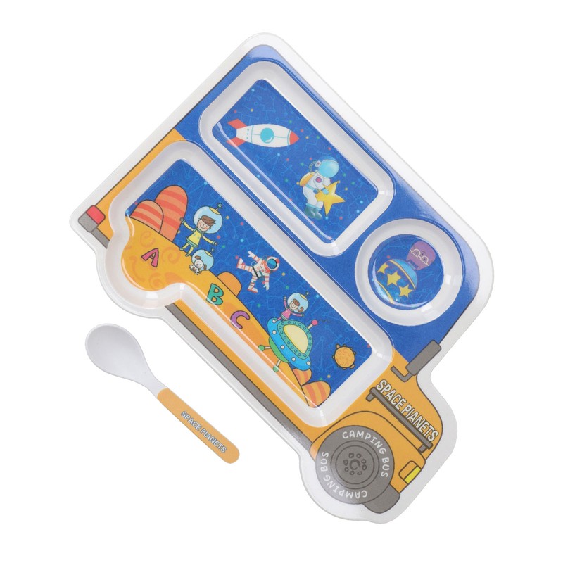 Kids Dinner Plate with Spoon Bamboo Fiber Divided Plates Cartoon