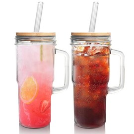 ANOTION 24oz Glass Cups with Lids and Straws with Handle  -Tumbler Coffee Cups Mason Jar Cups Drinking Set Coffee Bar Accessories:_set of 2 (no logo)