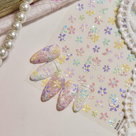 1 Sheets Flower Nail Art Stickers Decals Spring Small Flower Nail Stickers Colorful 3D Seashell Light Embossed Nail Decals Self-Adhesive Floral Nail Art Supplies for Women Nail Decor