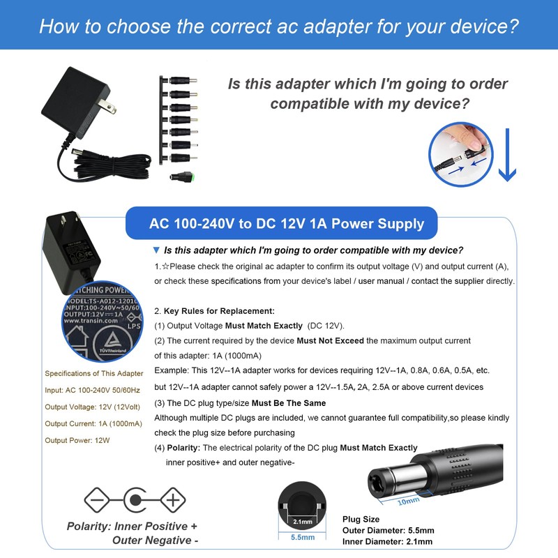 12V 1A Power Supply, AC 100-240V to DC 12V Adapter