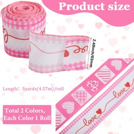 GORGECRAFT 10Yds 2 Rolls 2 Style Hearts Wired Edge Ribbon 6.3cm Width Valentine's Day Grosgrain Ribbon Pink Lattice Heart Love Fabric Craft Ribbon for Gift Wrapping Floral Crafts Bow Tie Wrapping