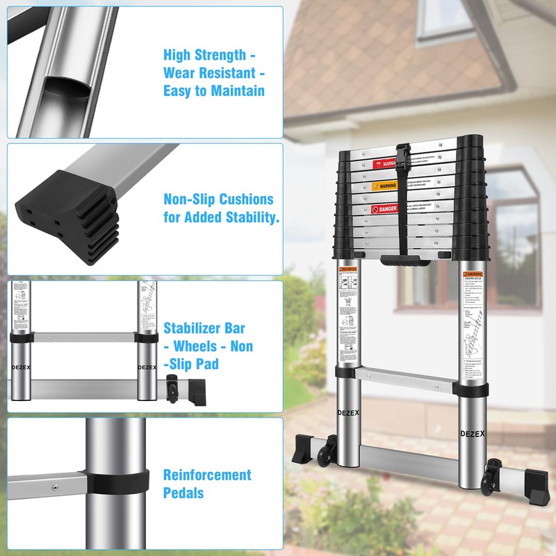 DEZEX 10.5 FT Stainless Steel Telescoping Ladders - One-Button Retraction