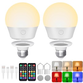 E26 Battery-Operated Rechargeable Light Bulbs with Remote and Timer for Lamps, Sconces, and Non-Hardwired Fixture, 3 Color Temperatures + 9 RGB Colors, Detachable Charging – 2 Pack