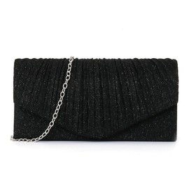 Beljeley Clutch Purses for Women, Glitter Evening Bag with Chain Strap, Formal Pleated Design for Wedding, Cocktail, Party, Black