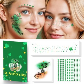 EMOME EMOME St Patrick Day Accessories, St Patrick's Day Glitter Shamrock Face Tattoo with Green Face Gems and Faux Freckles, Saint Patrick's Day Makeup Art Decorations Gift for Women