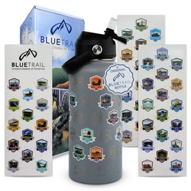 BlueTrail 50 States Water Bottle with Stickers - 32 oz Insulated Stainless Steel, Upgraded Leak-Proof Lid, UV & Waterproof Permanent Stickers, Laser Engraved 50 States of the USA (Slate Shadow Color)