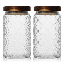 35oz/1000ml Glass Storage Jars with Nature Wood Lids, Airtight Food Storage Containers for Kitchen Organization, Large Capacity for Cookie, Pasta, Sugar, Flour, Cereal - Set of 2