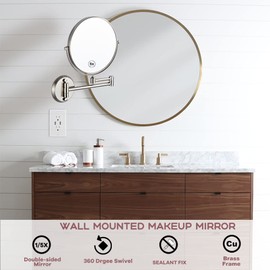 RECKODOR 8" Double Sided Magnifying Wall Makeup Mirror, Bathroom 5X Wall Mounted Shower Mirror, 360 Swivel Extendable Arm Cosmetic Mirror, Brass Material Brushed Nickel Finish