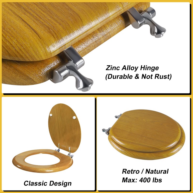 Angel Shield Durable Wood Veneer Natural Toilet Seat Metal Hinged